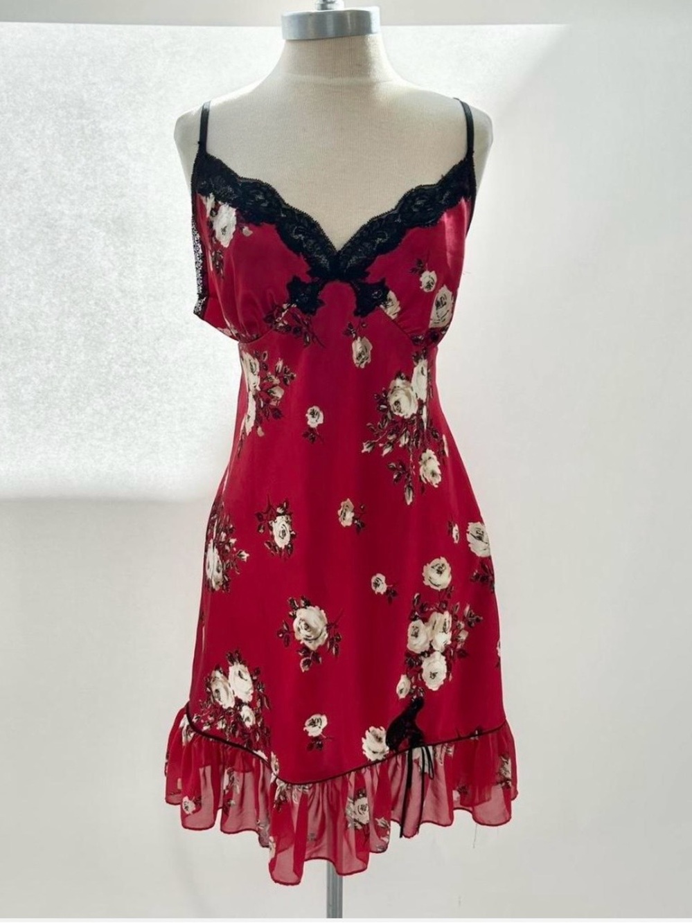 delicates Red Floral Satin Chemise with Black Lace Trim
